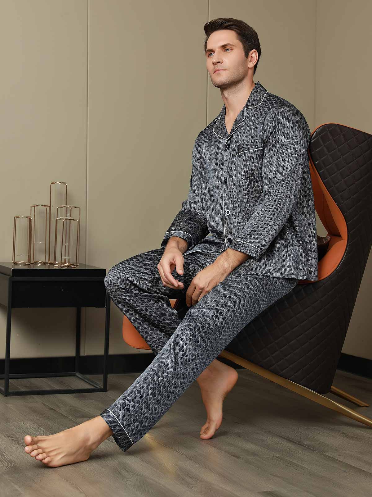 [Ginkgo Blu Navy] SilkSilky-IT 19Momme Seta pura Mens Pajamas 003