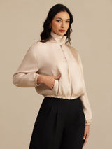 [MarroneChiaro+Rosa] SilkSilky-IT 18Momme Manica lunga Collo Alto Capispalla da donna 004