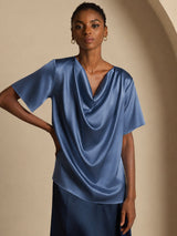[Verde Petrolio Intenso] SilkSilky-IT Short Sleeve Cowl Neck Bluse 005