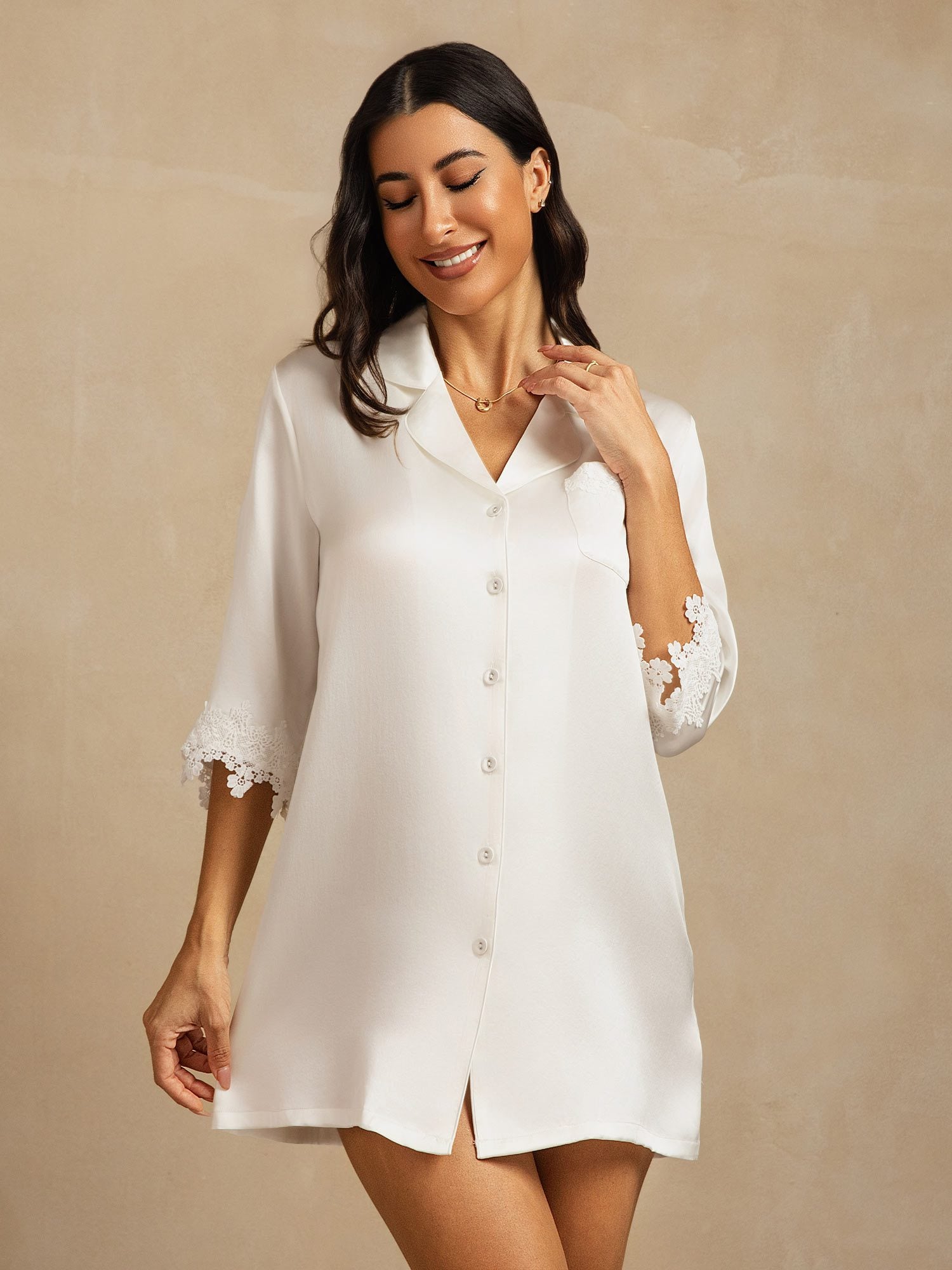 [Bianco] SilkSilky-IT Seta pura Colletto risvolto Camicia da notte 005