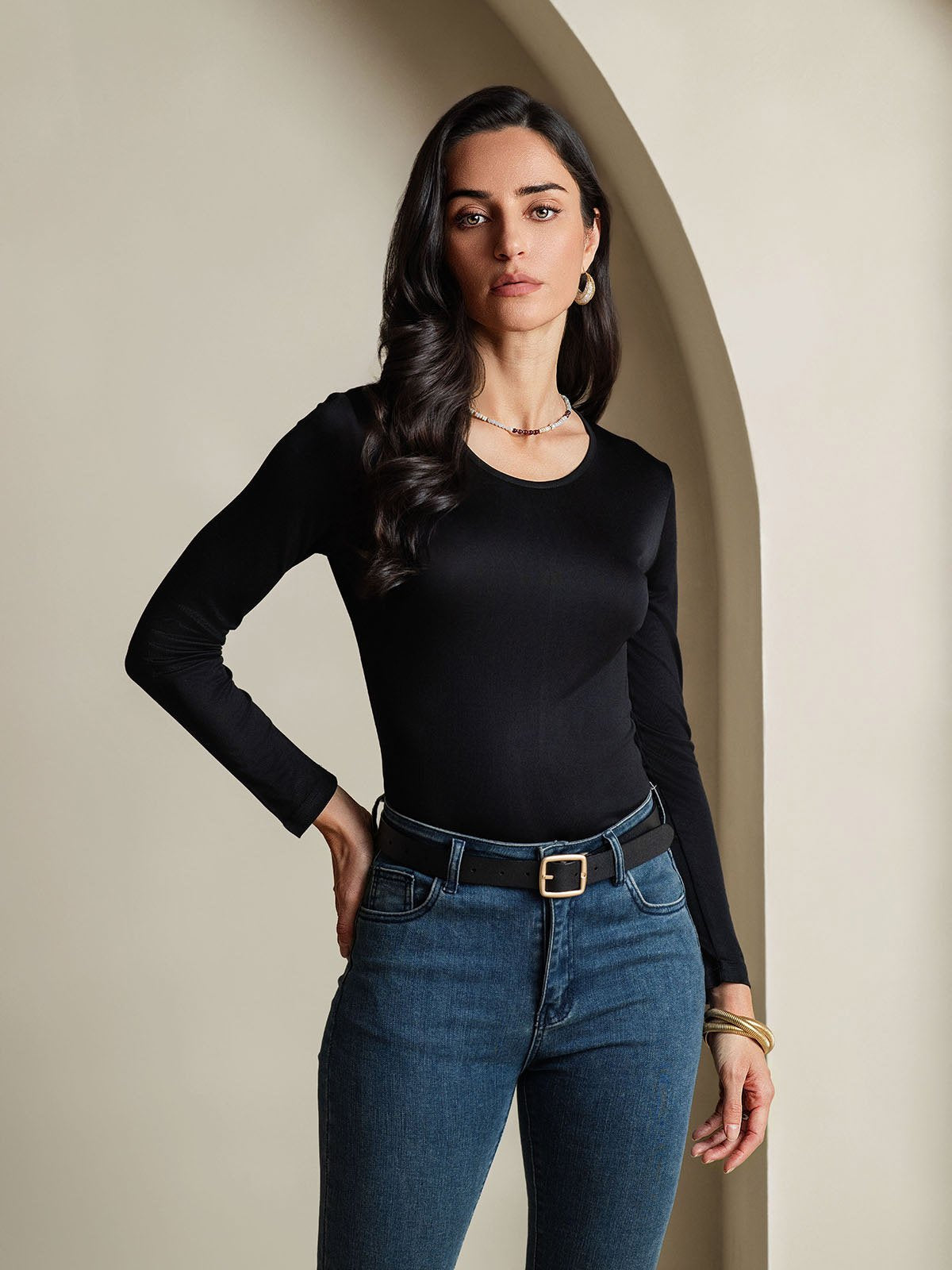 [Nero] SilkSilky-IT Manica lunga Scollo rotondo Magliette donna 001
