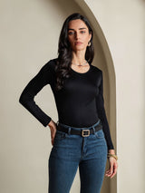 [Nero] SilkSilky-IT Manica lunga Scollo rotondo Magliette donna 001