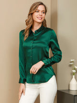 [Verde Scuro] SilkSilky-IT Long Sleeve Lapel Collar Camicie da donna 003
