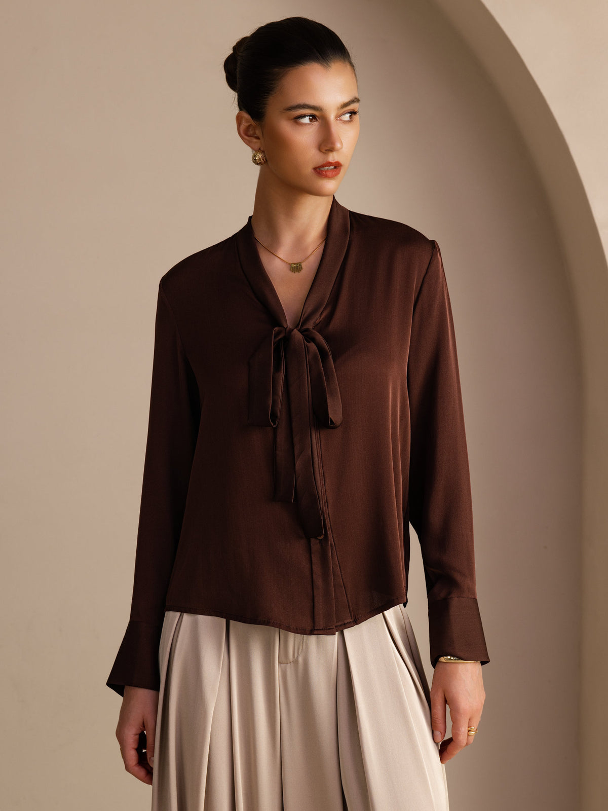 [Cioccolato Fondente] SilkSilky-IT Long Sleeve Tie Neck Bluse 001