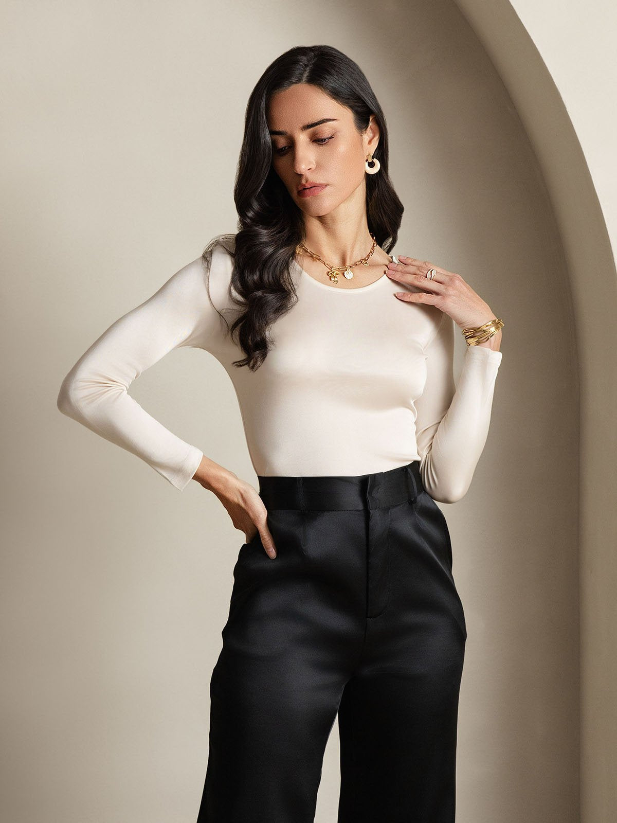 [Beige] SilkSilky-IT Manica lunga Scollo rotondo Magliette donna 003