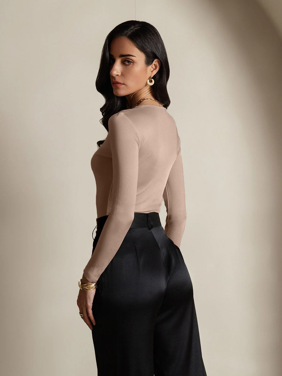 [Caffè] SilkSilky-IT Manica lunga Scollo rotondo Magliette donna 002