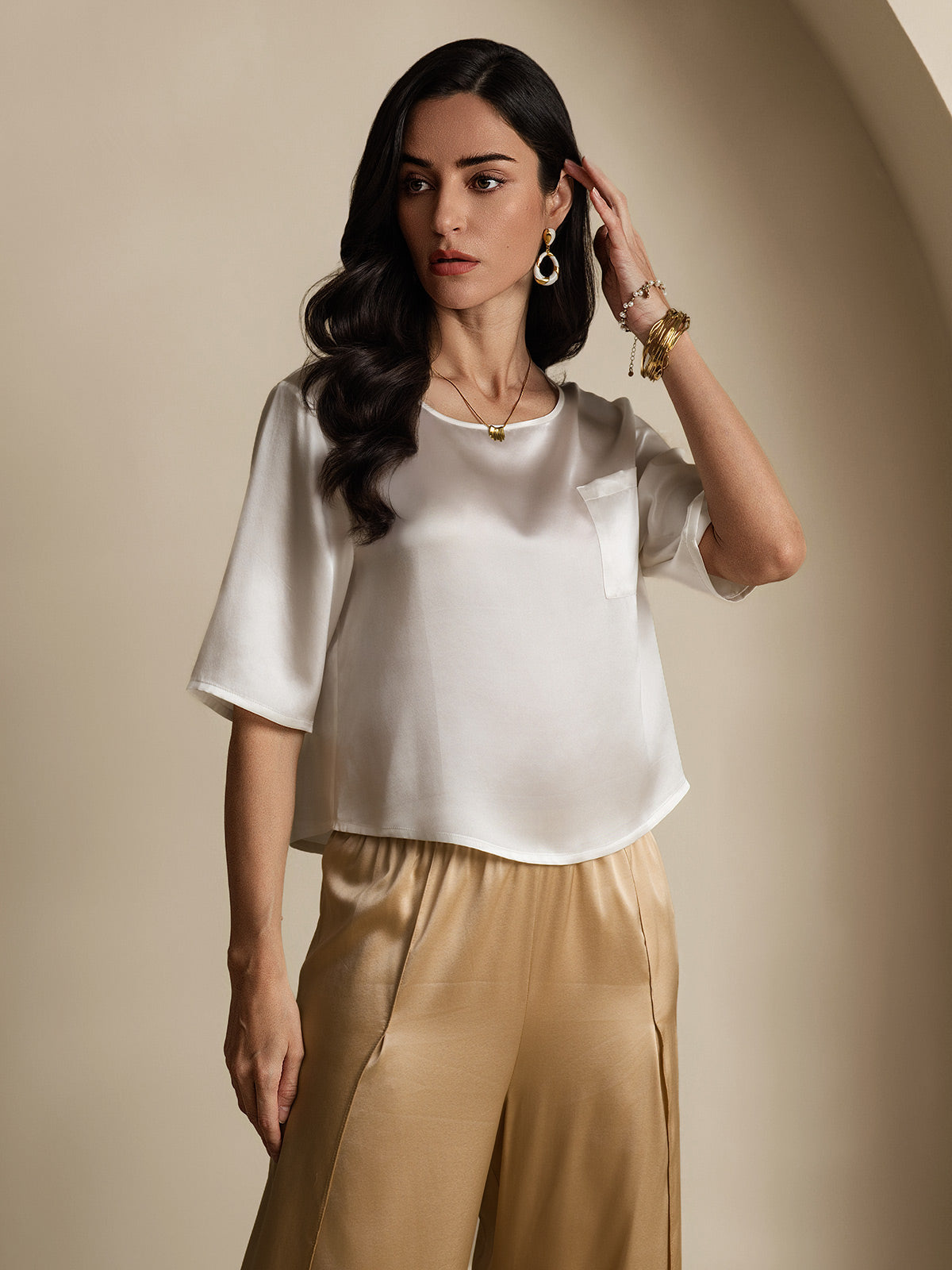 [Bianco] SilkSilky-IT Manga media Scollo A Coppa Magliette donna 004