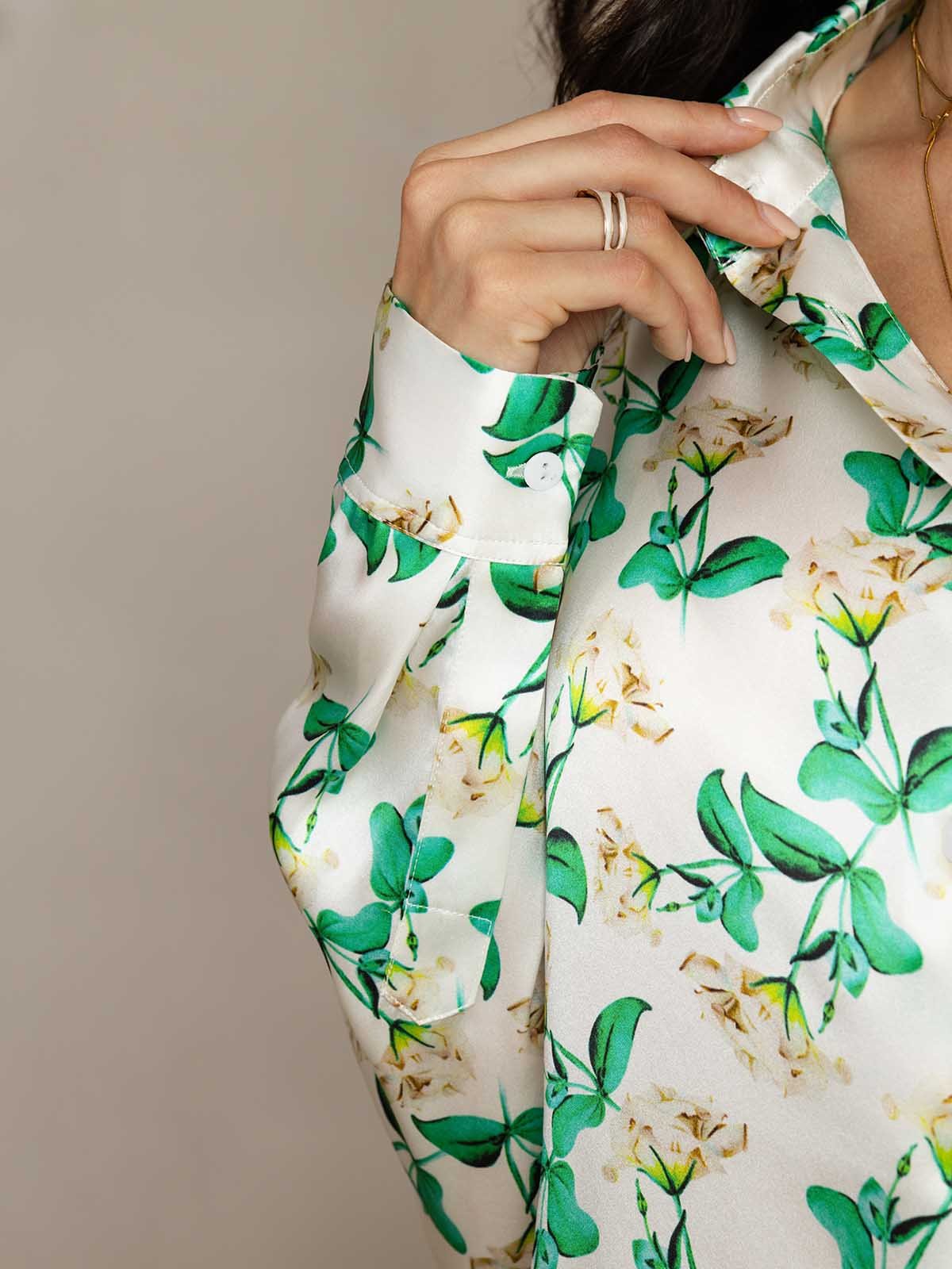 [Floreale Verde] SilkSilky-IT 19Momme Seta Colletto risvolto Women''s Outfit Sets 005