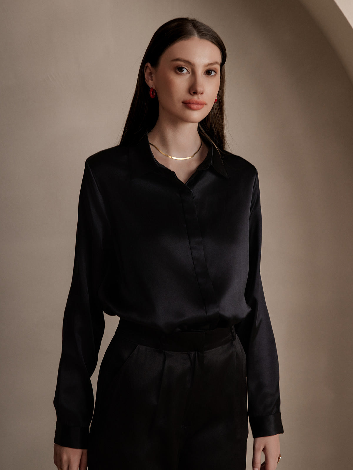 [Nero] SilkSilky-IT 19Momme Seta Lapel Collar Camicie da donna 004