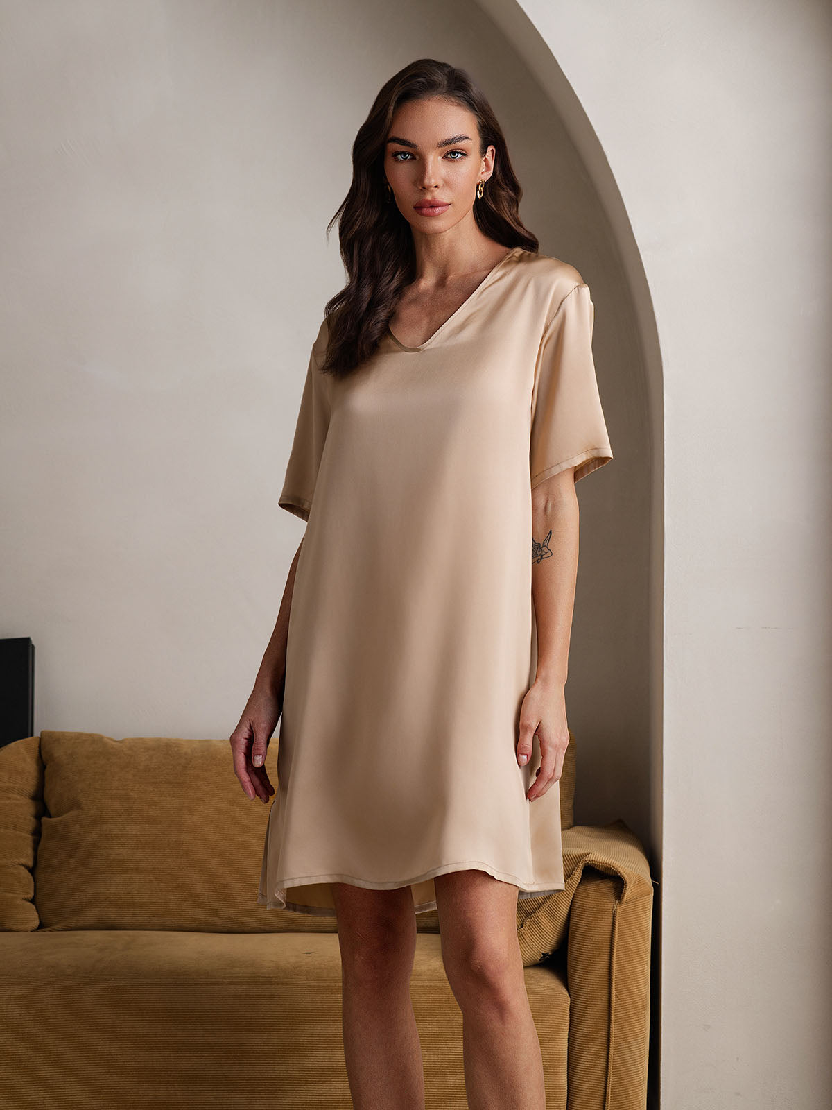 [Champagne] SilkSilky-IT Seta pura Collo a V Camicia da notte 006