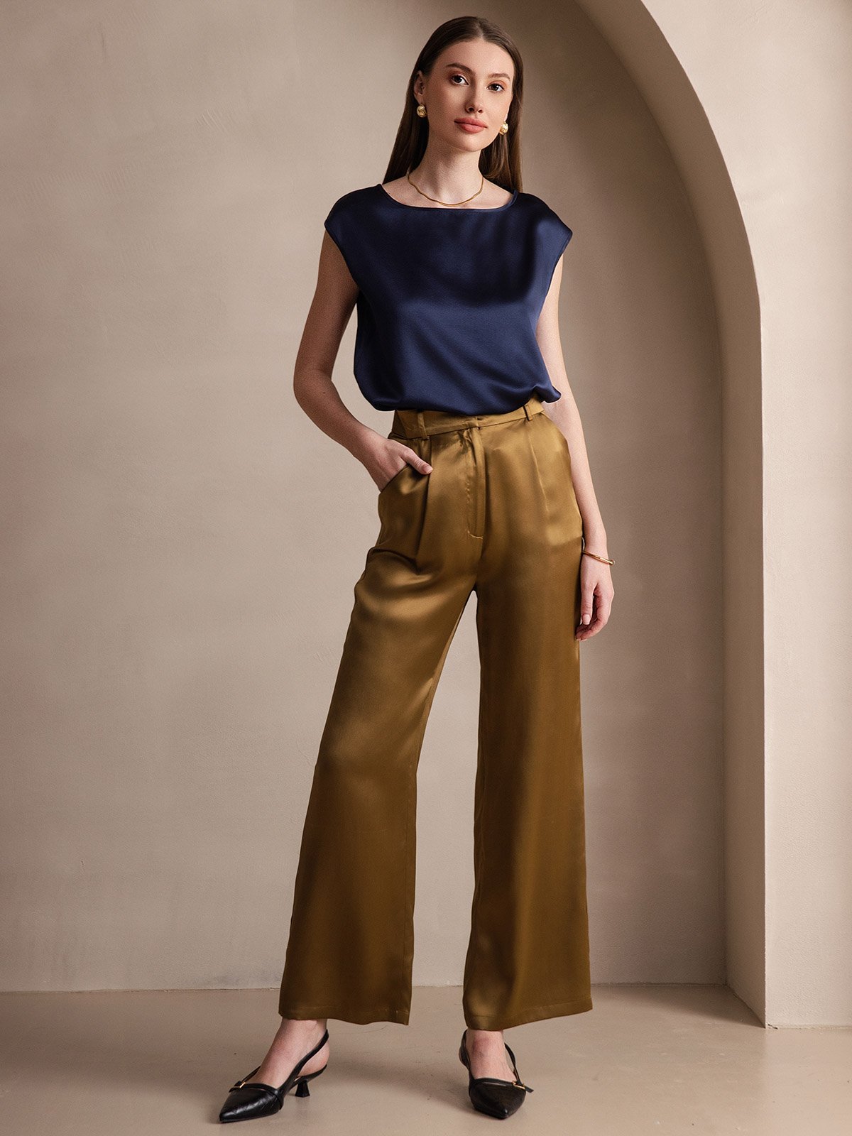 [Blu Scuro] SilkSilky-IT 19Momme Seta Womens T-Shirt 006