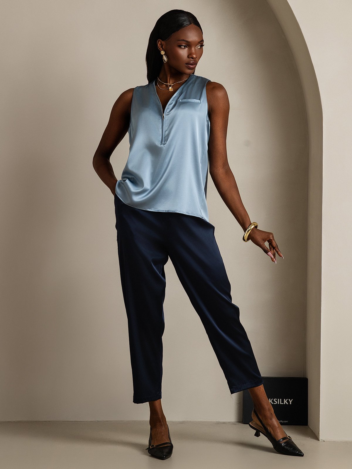 SilkSilky-IT 19Momme Seta Senza maniche Collo a V Camicie da donna BluGrigiastro 006