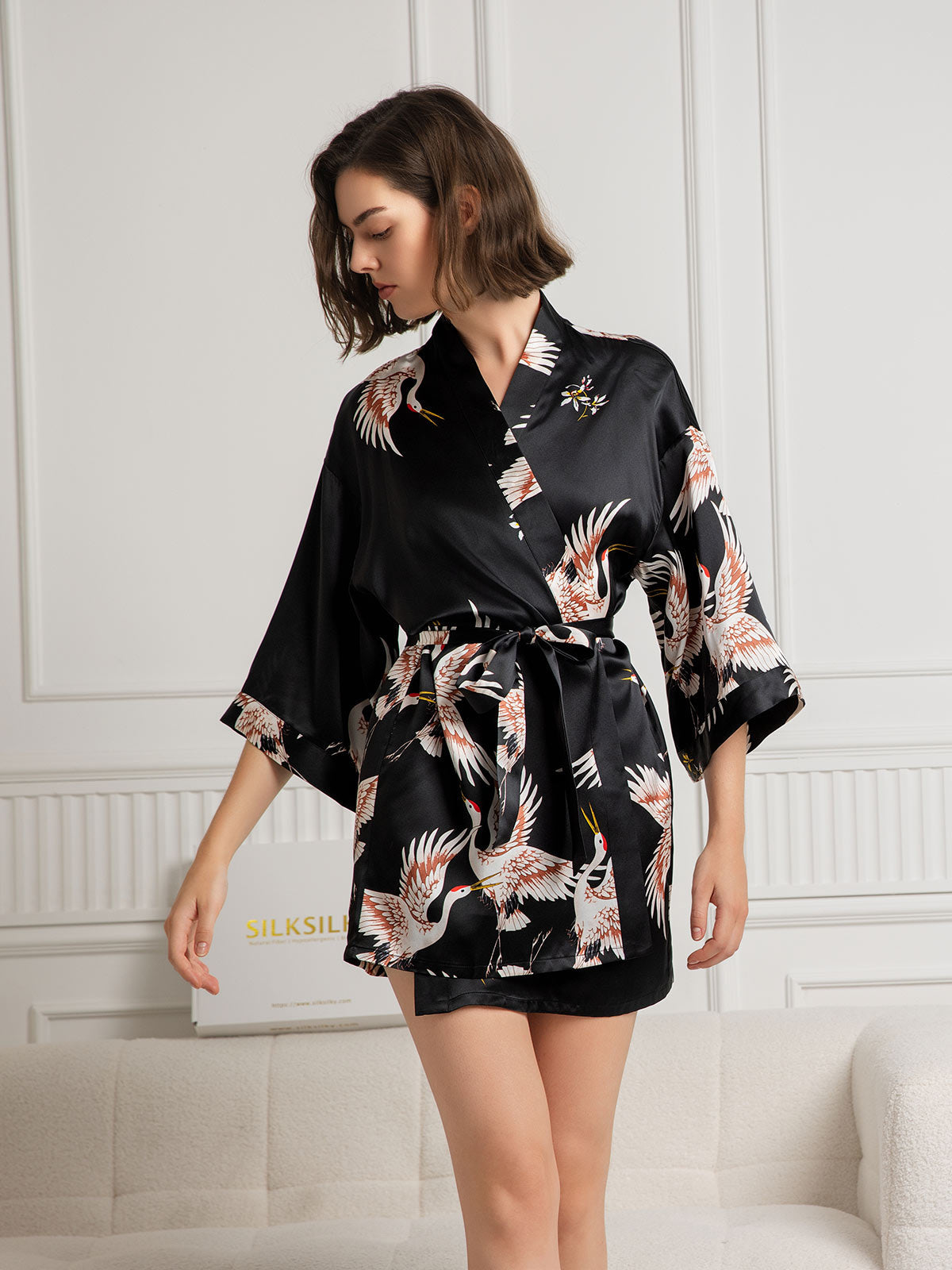 [Nero] SilkSilky-IT Seta pura Scollo a V profondo Vestaglia da donna 001