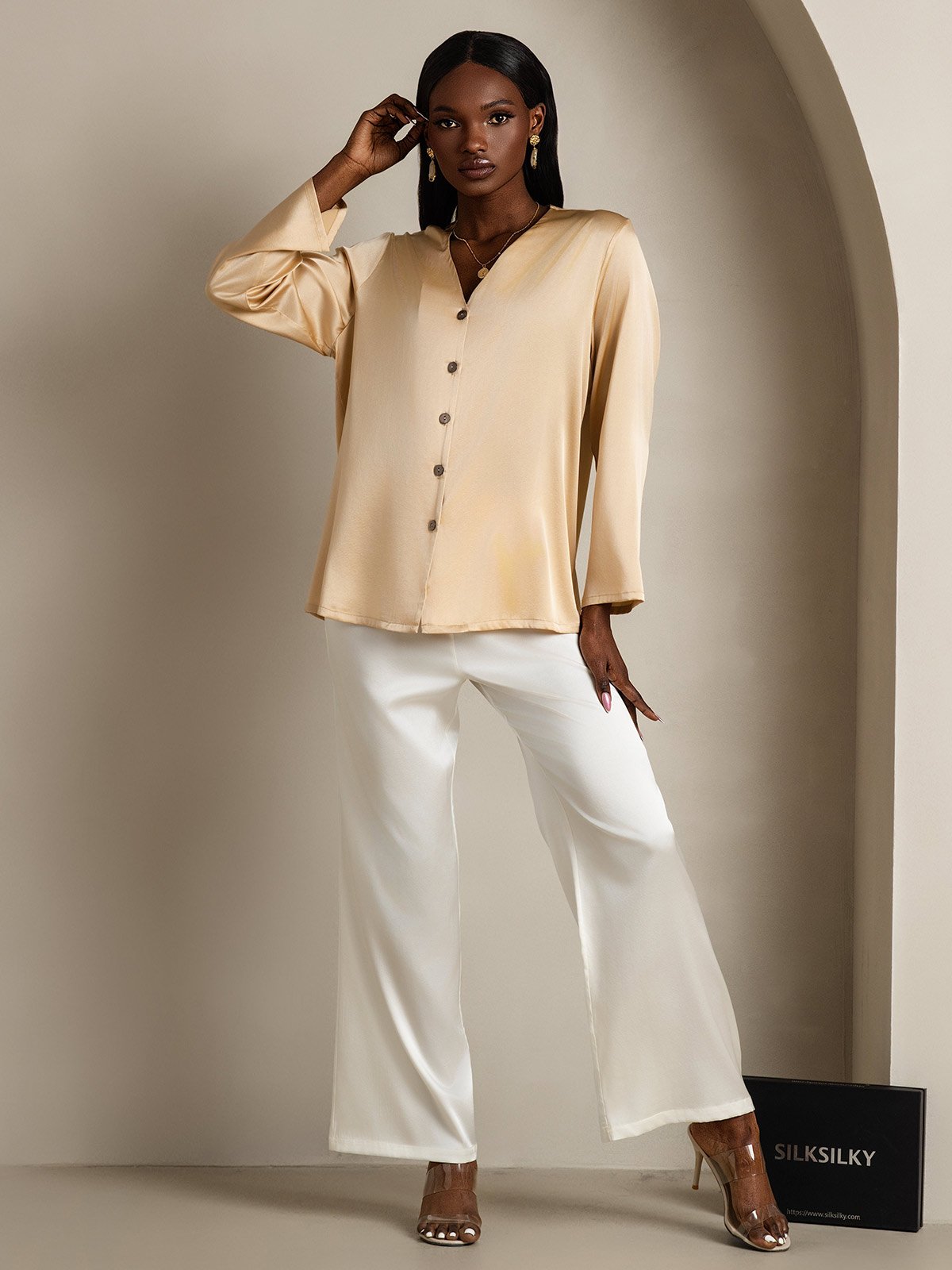 [Champagne] SilkSilky-IT 19Momme Seta Collo a V Camicie da donna 005