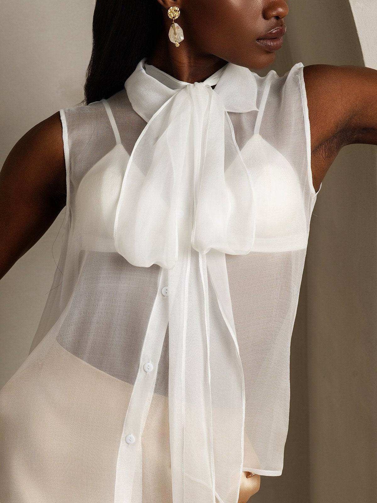 SilkSilky-IT Seta pura Senza maniche Nodo al collo Camicie da donna Bianco 003
