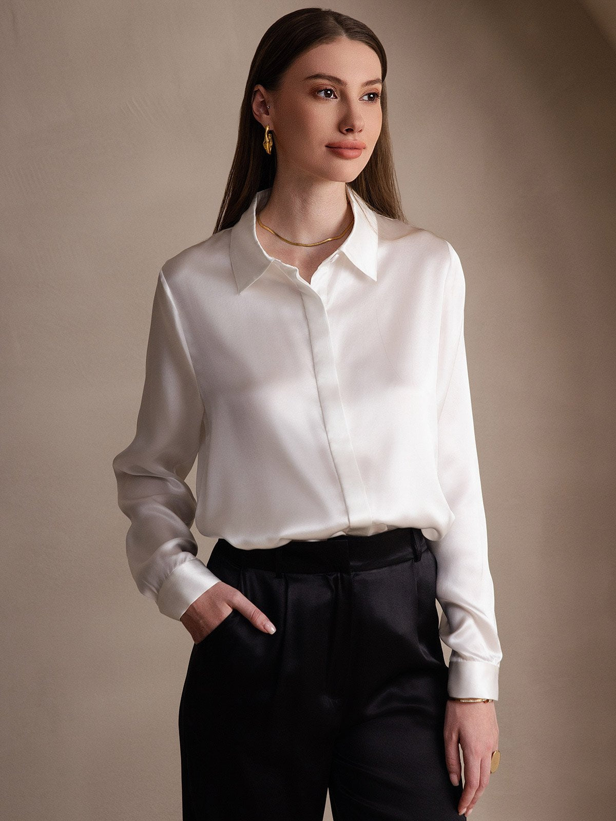 [Bianco] SilkSilky-IT Long Sleeve Lapel Collar Camicie da donna 001