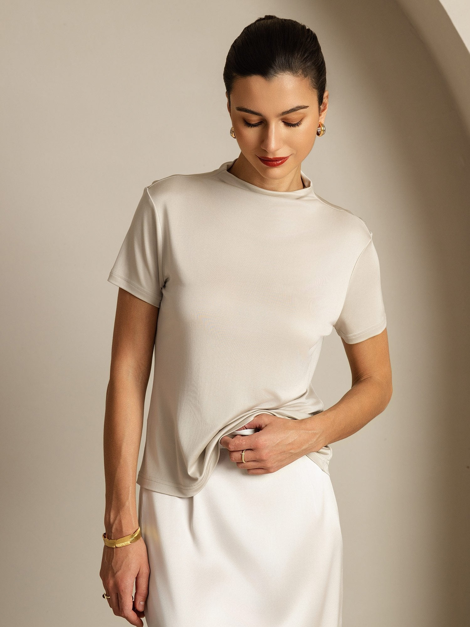 [Grigio] SilkSilky-IT Seta pura Colletto risvolto Magliette donna 005