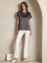 [Grigio Scuro] SilkSilky-IT 19Momme Maniche Corte Scollo barchetta Magliette donna 003