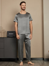 [Grigio Scuro] SilkSilky-IT Seta pura Maniche Corte Round Neck Pigiami da uomo 001