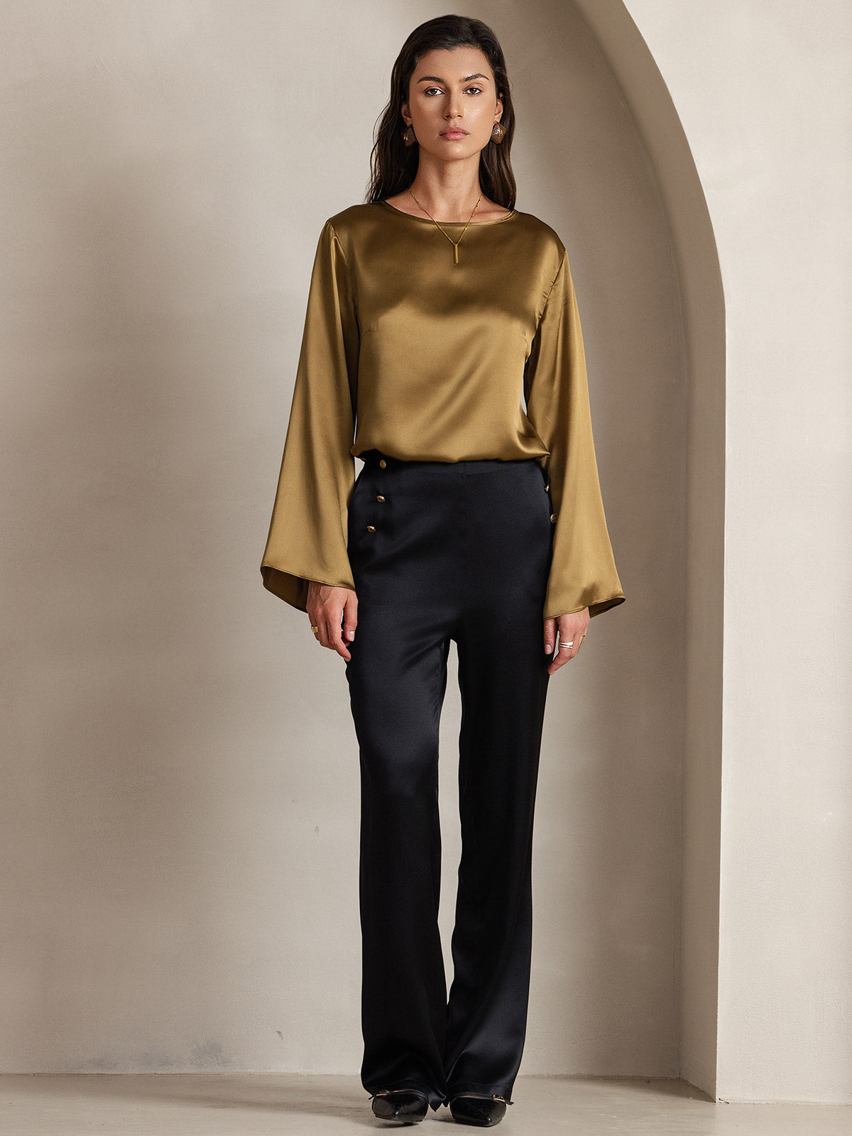 [Marrone] SilkSilky-IT 19Momme Seta Womens T-Shirt 004
