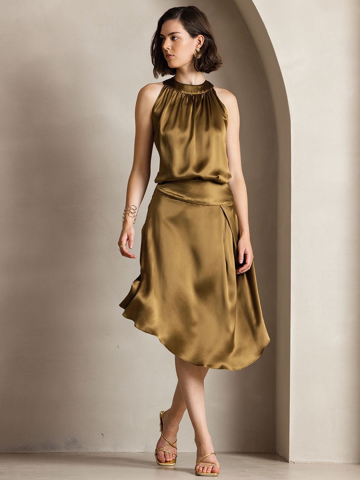 [Marrone] SilkSilky-IT 19Momme Seta Senza maniche Womens T-Shirt 006