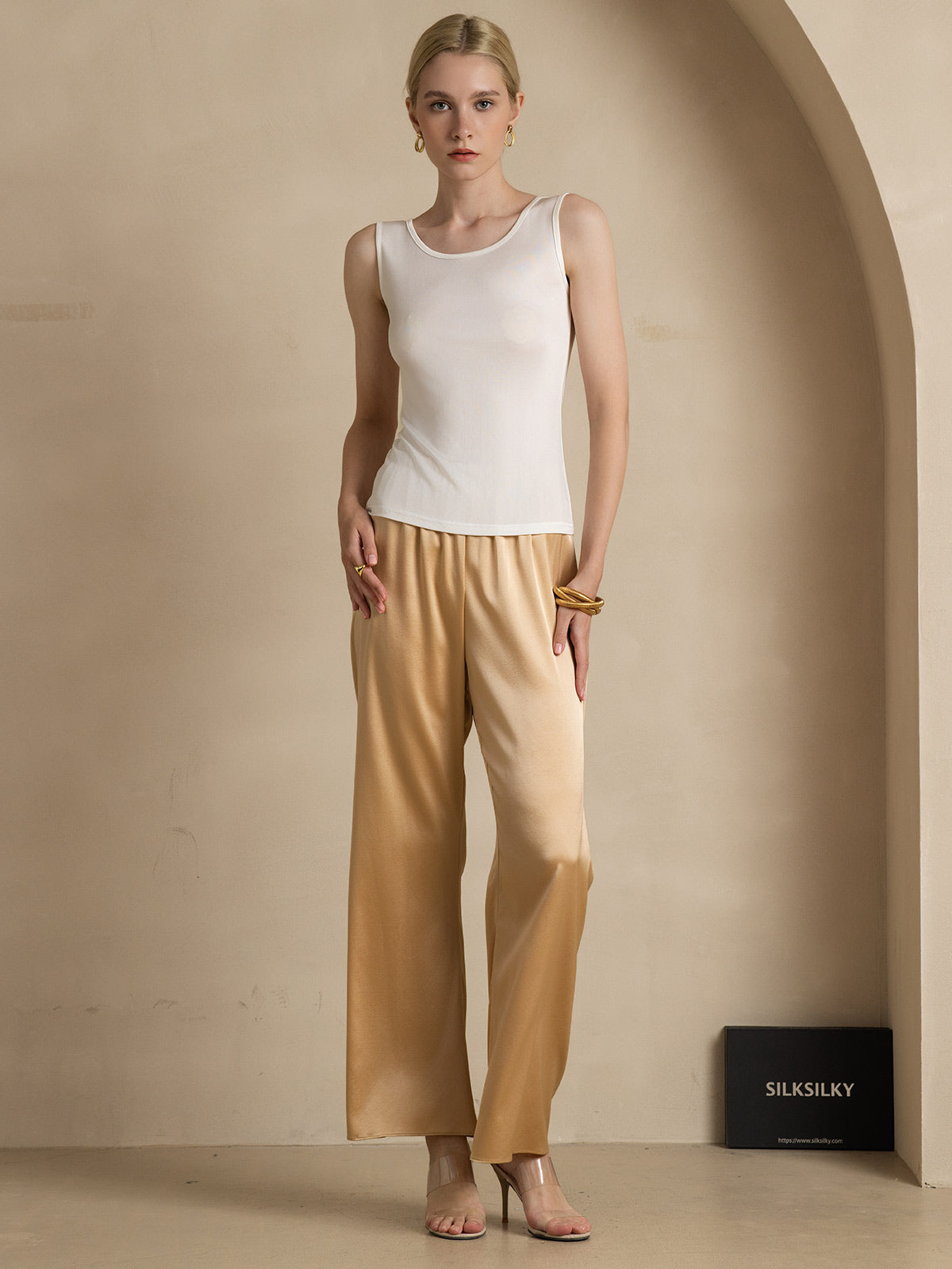 [Bianco] SilkSilky-IT Maglia di seta Womens T-Shirt 006
