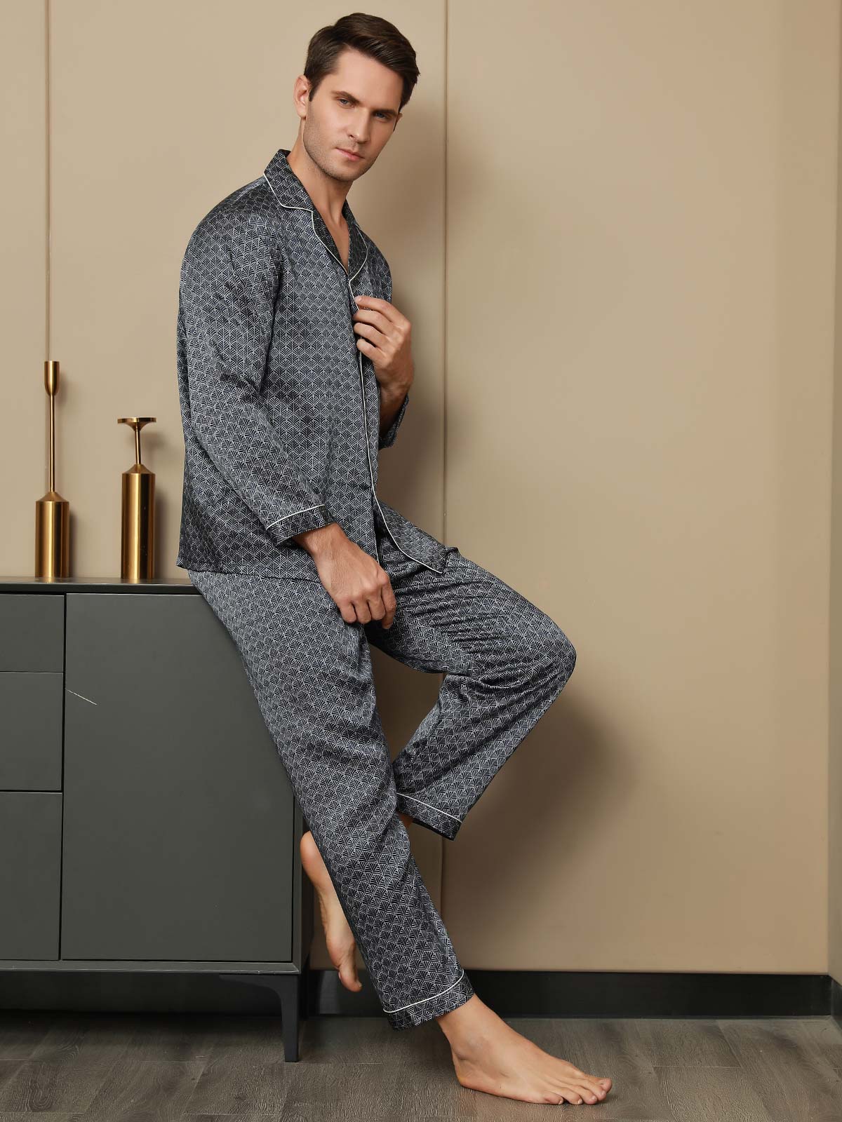 [Ginkgo Blu Navy] SilkSilky-IT 19Momme Seta pura Mens Pajamas 005