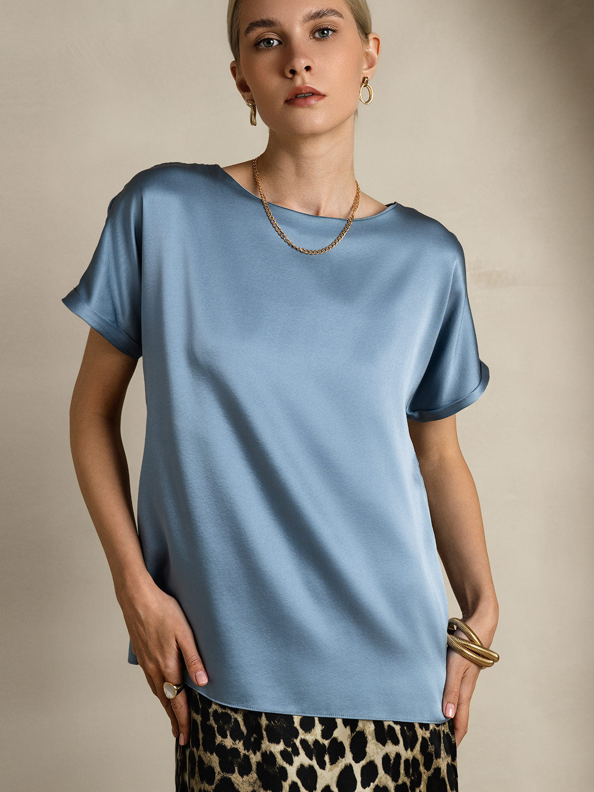 [Blu Grigiastro] SilkSilky-IT 19Momme Seta Womens T-Shirt 005