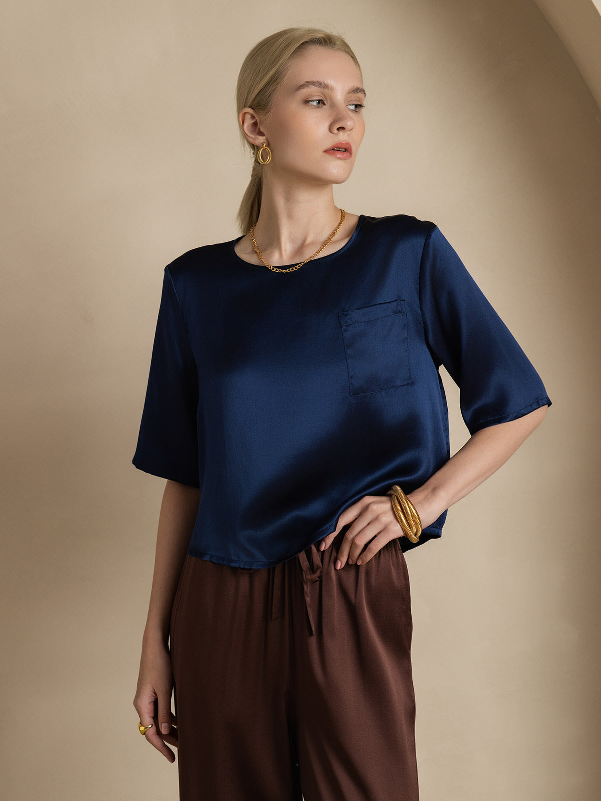 [Blu Scuro] SilkSilky-IT Seta pura Womens T-Shirt 004