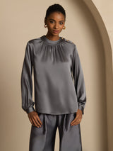 [Grigio Scuro] SilkSilky-IT 19Momme Manica lunga Scollo rotondo Camicette 001