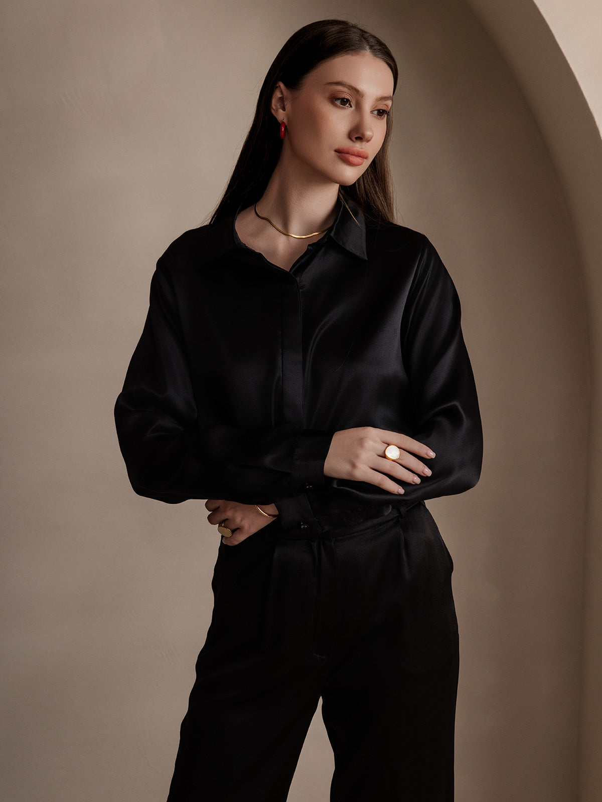 [Nero] SilkSilky-IT 19Momme Seta Lapel Collar Camicie da donna 003