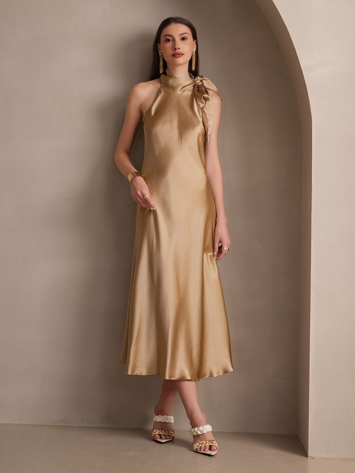 SilkSilky-IT 19Momme Seta Senza maniche Nodo al collo Vestiti da donna Champagne 007