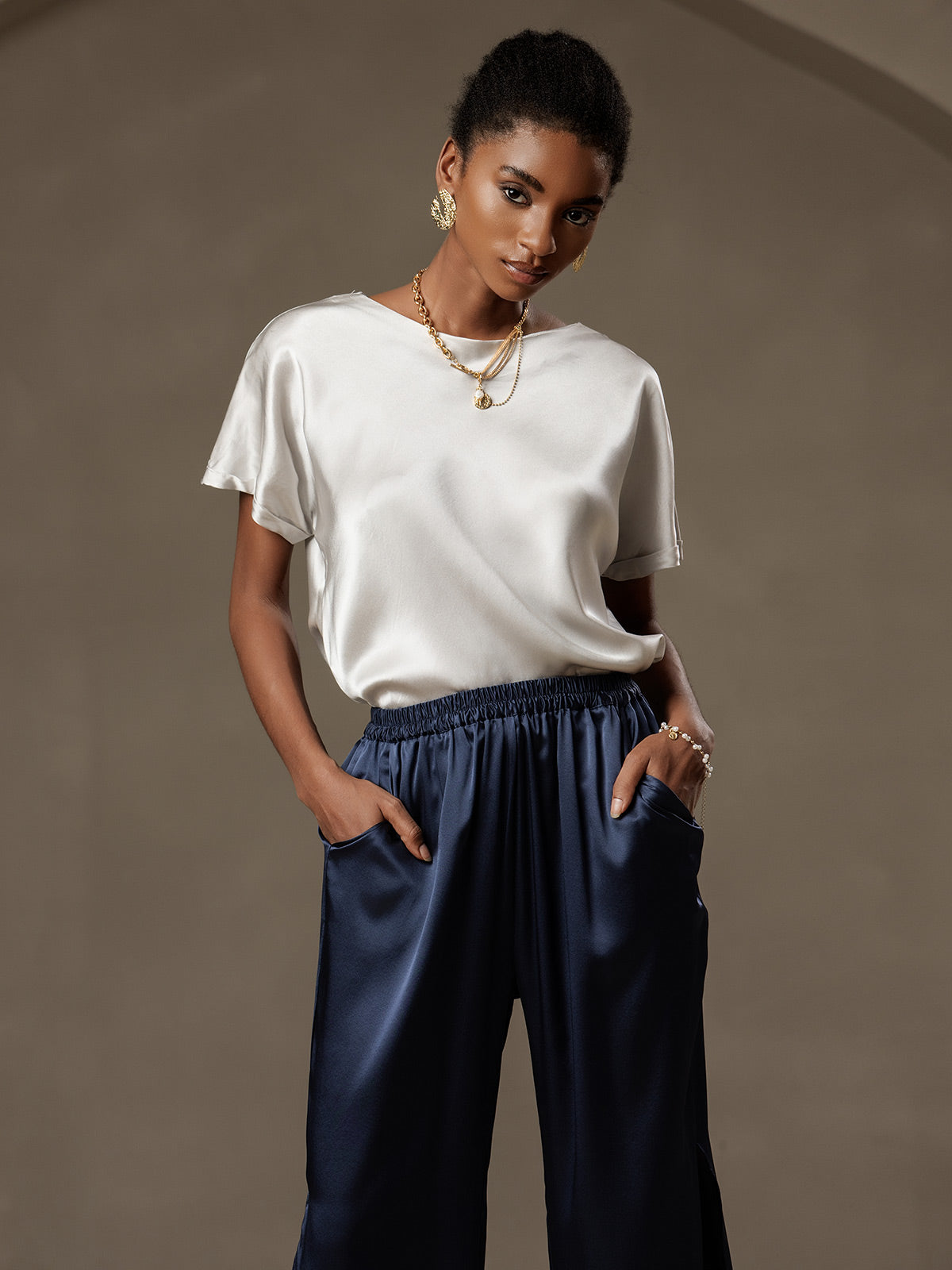 [Grigio Chiaro] SilkSilky-IT 19Momme Seta Womens T-Shirt 003,