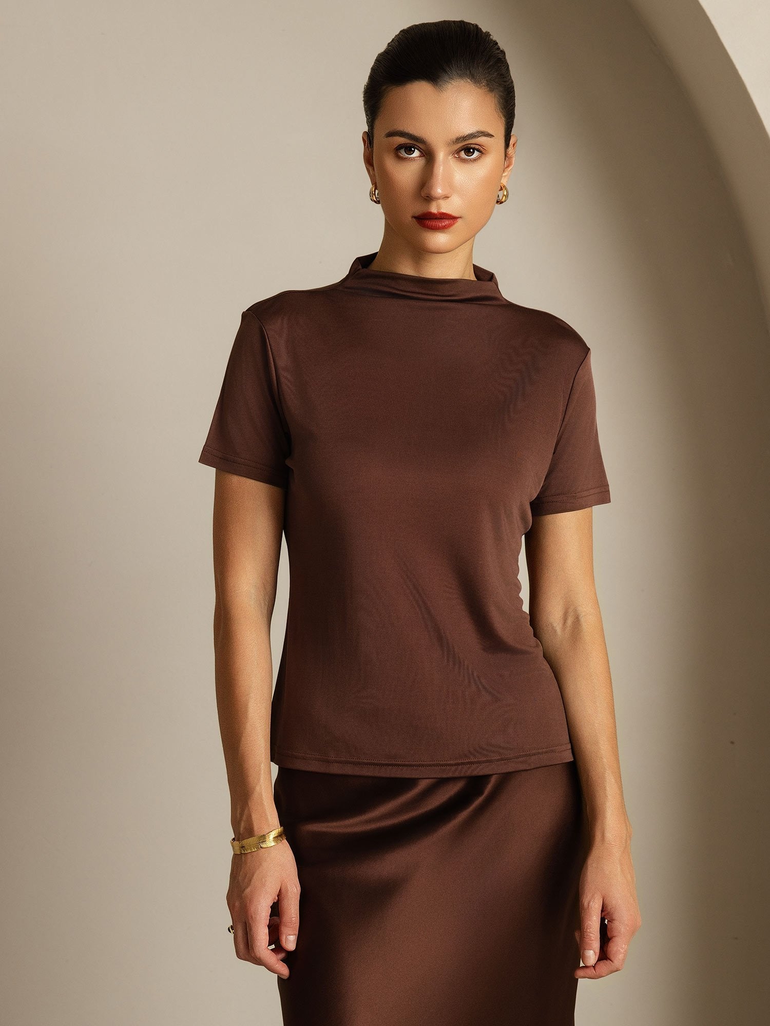 [Caffè] SilkSilky-IT Seta pura Colletto risvolto Magliette donna 003