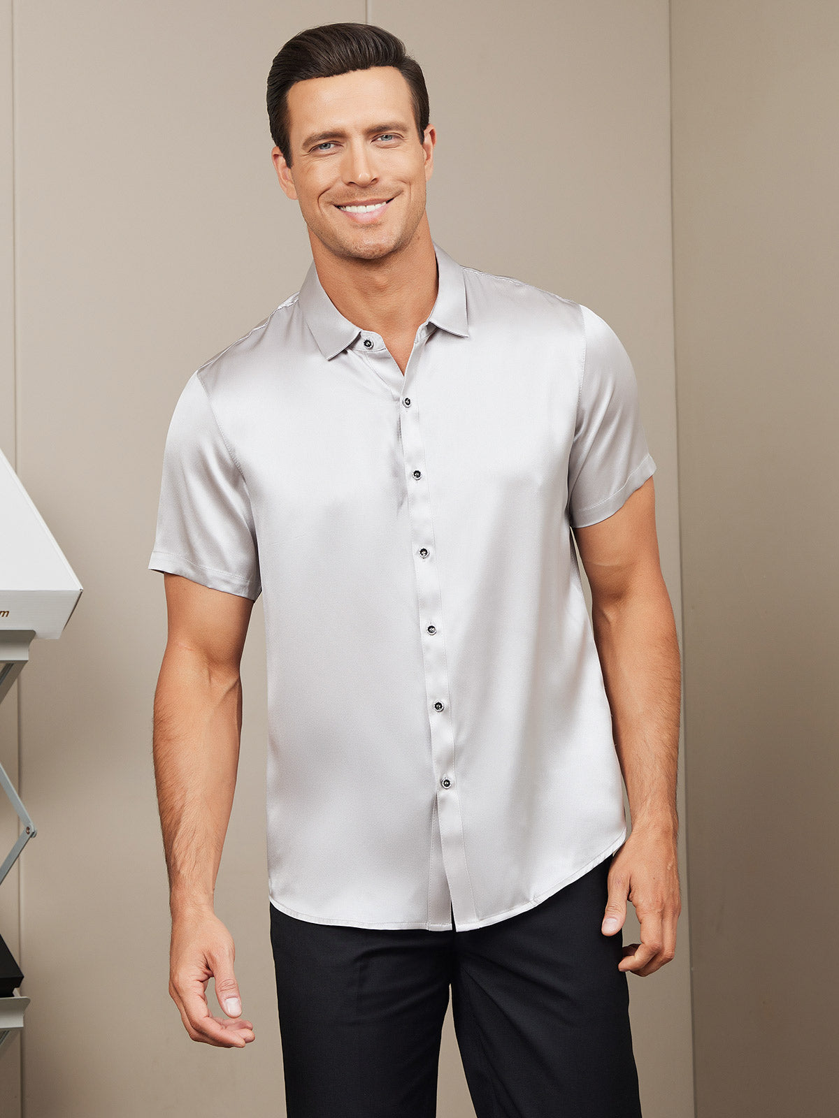 SilkSilky-IT-Seta-Maniche-Corte-Colletto-risvolto-Camicia-da-uomo-Argento-004