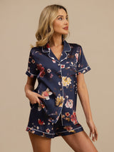 [Floreale Blu Navy] SilkSilky-IT Maniche Corte Collo a Taglio Pigiami da donna 001