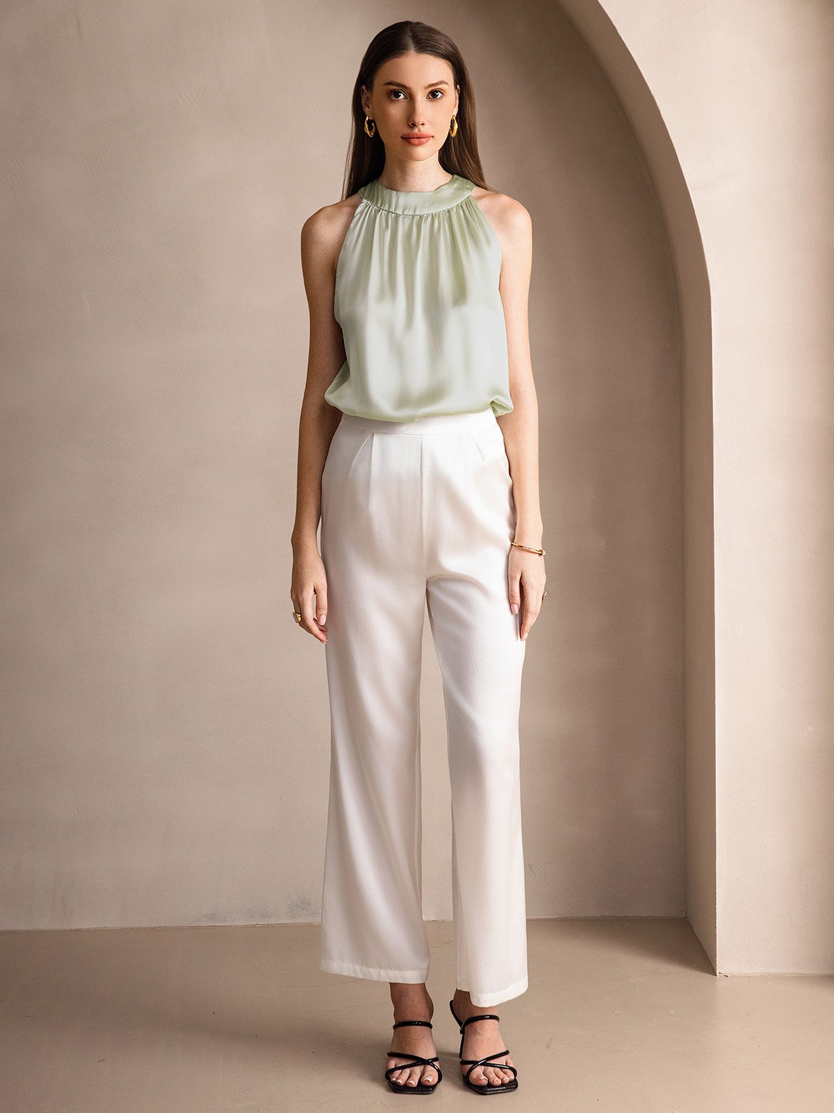 [Verde Chiaro] SilkSilky-IT 19Momme Seta Senza maniche Womens T-Shirt 006