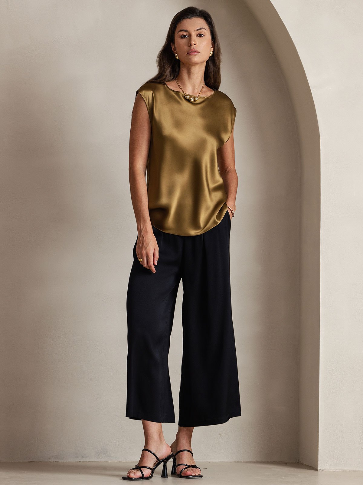 [Marrone] SilkSilky-IT 19Momme Seta Womens T-Shirt 004