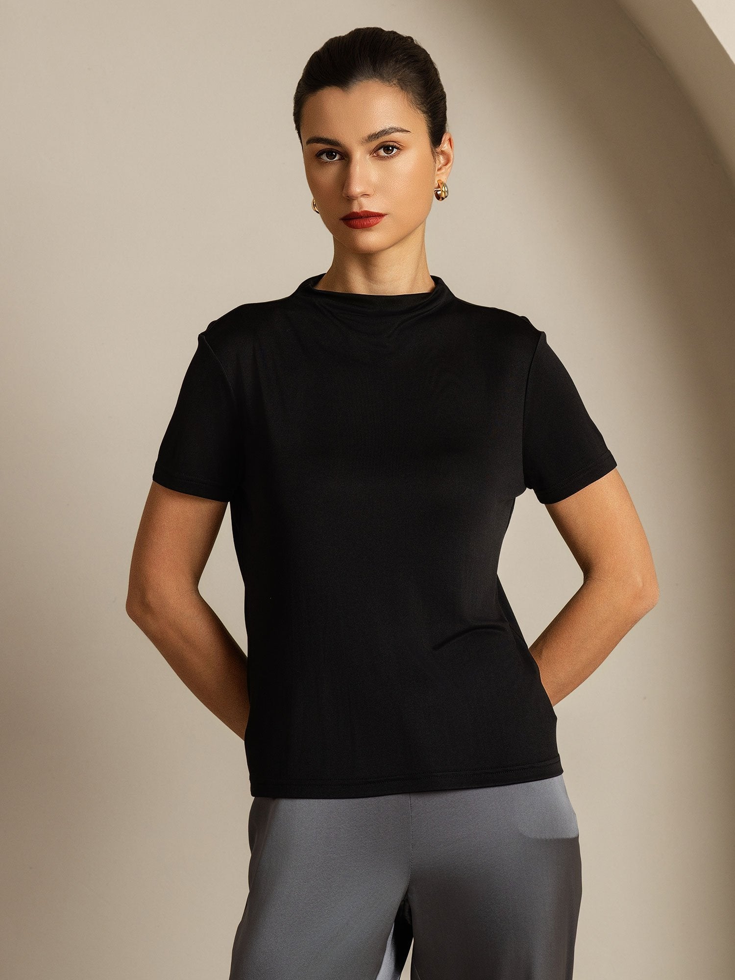 [Nero] SilkSilky-IT Seta pura Colletto risvolto Magliette donna 005