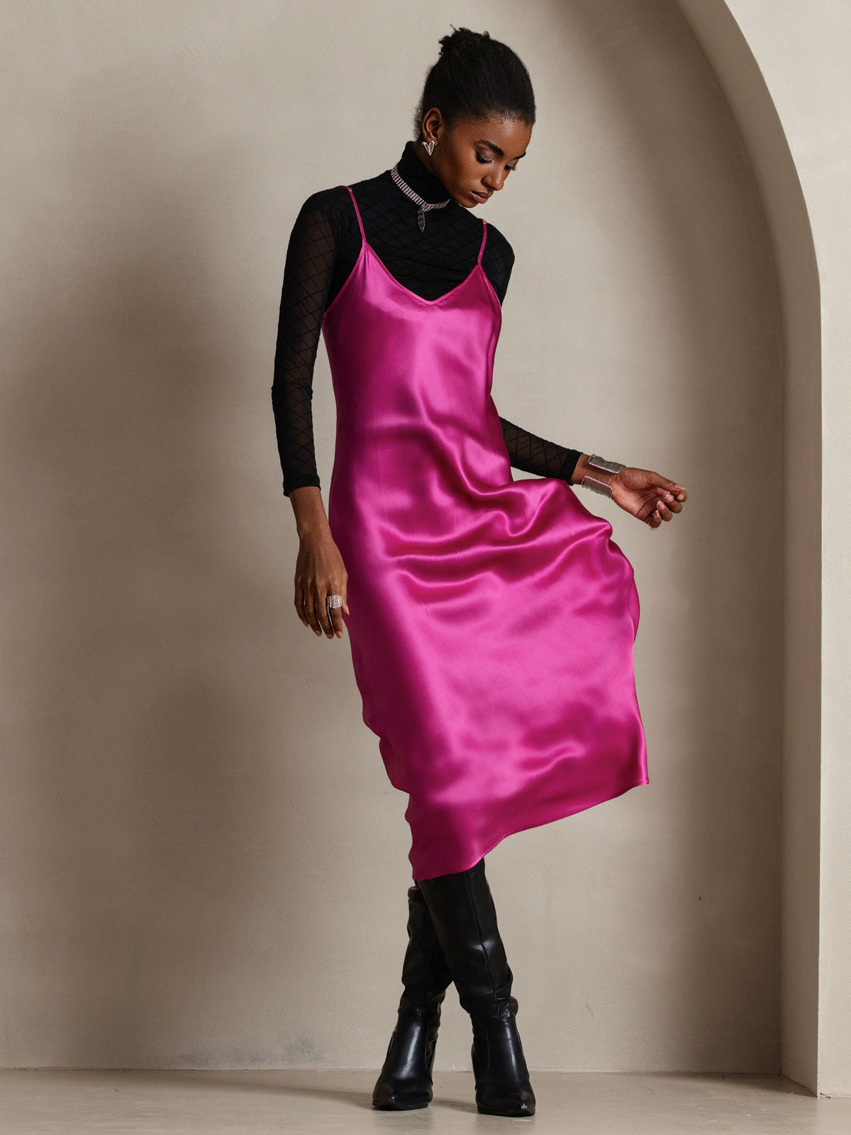 [Rosa Rossa] SilkSilky-IT Tirantes Finos Scollo a V Vestiti da donna 004