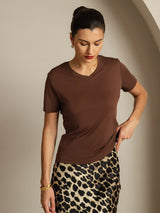 [Caffè] SilkSilky-IT Short Sleeve V Neck Magliette donna 003