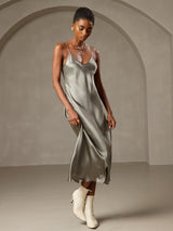 [Verde Grigiastro] SilkSilky-IT Sleeveless V Neck Camicia da notte 005