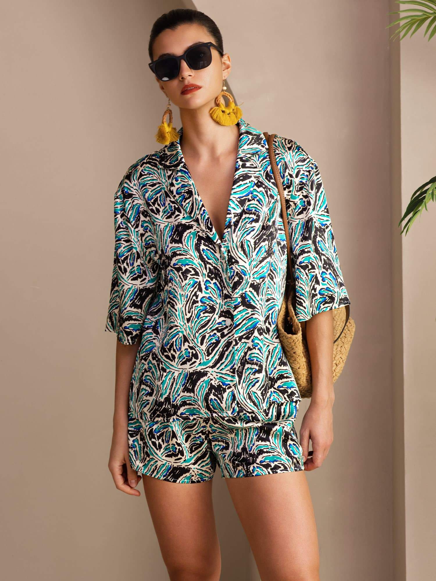 [Botanico Teal] SilkSilky-IT Short Sleeve Notch Collar Pigiami da donna 001