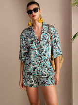 [Botanico Teal] SilkSilky-IT Short Sleeve Notch Collar Pigiami da donna 001