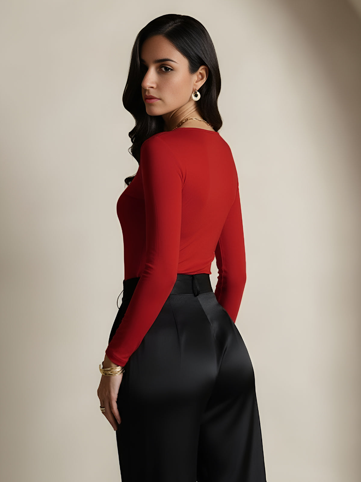 [Vino] SilkSilky-IT Manica lunga Scollo rotondo Magliette donna 002