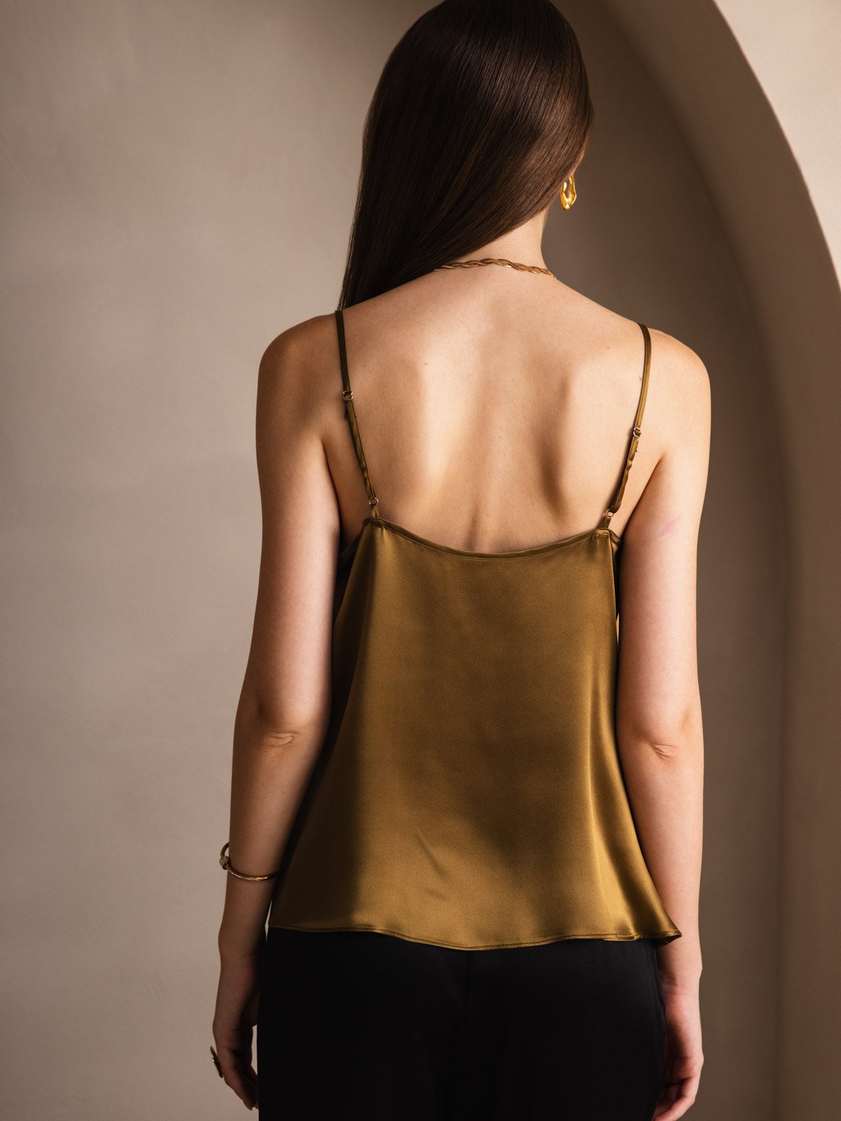 [Marrone] SilkSilky-IT 19Momme Tirantes Finos Collo drappeggiato Cami 002