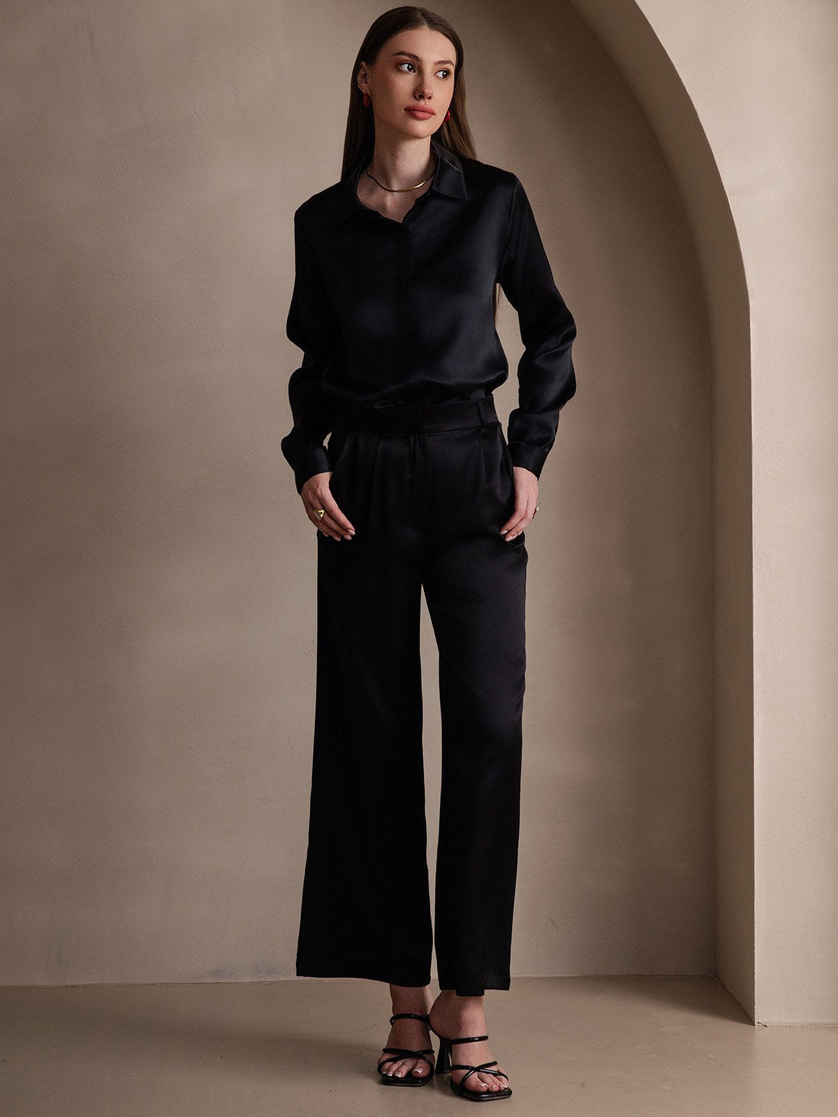 [Nero] SilkSilky-IT 19Momme Seta Manica lunga Colletto risvolto Camicie da donna 007