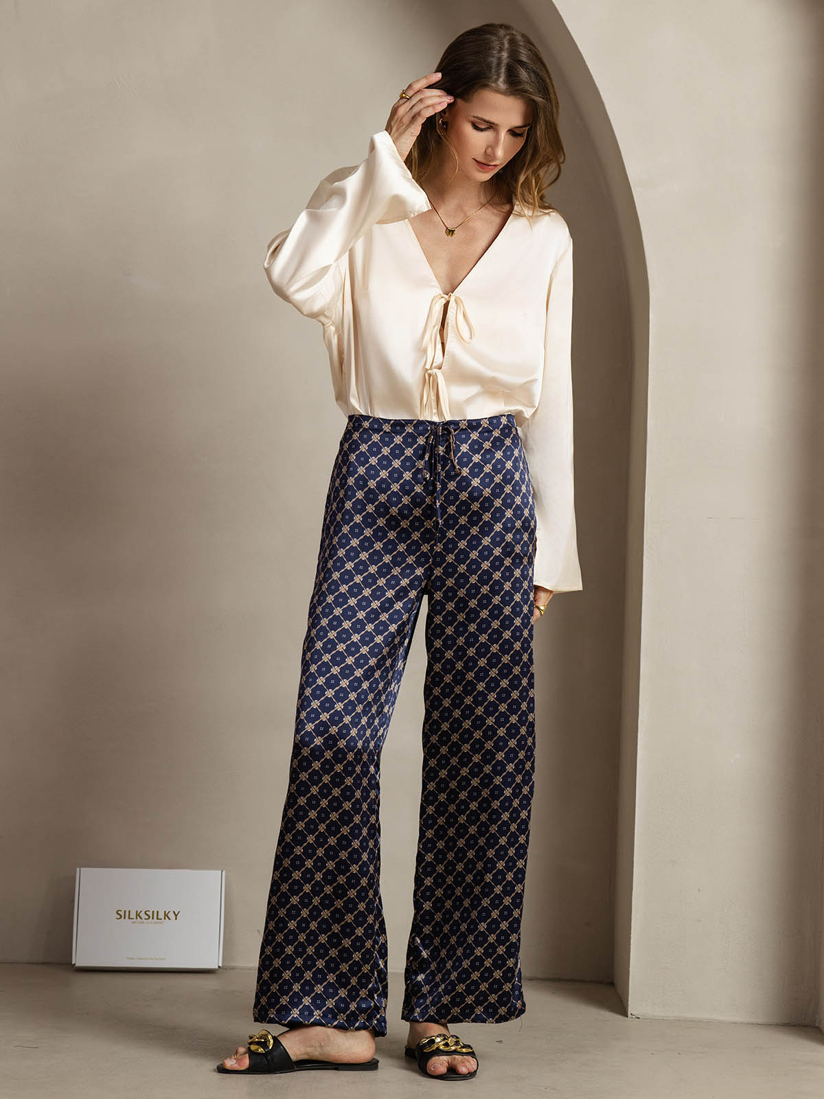 [Catena Blu Navy] SilkSilky-IT 19Momme Seta Womens Pants 003