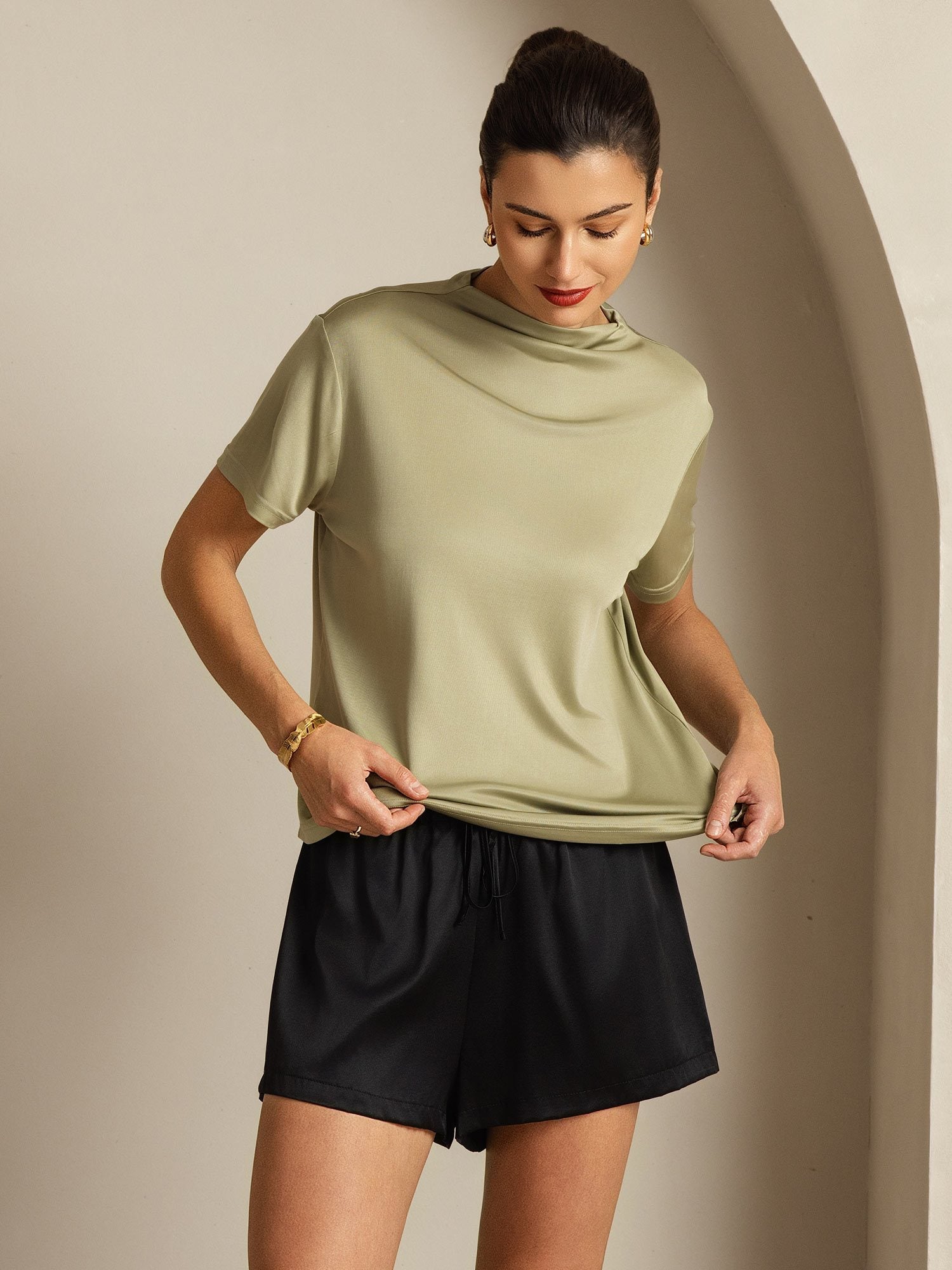 [Erba Secca] SilkSilky-IT Seta pura Colletto risvolto Magliette donna 007