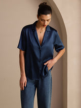 [Blu Scuro] SilkSilky-IT Short Sleeve Lapel Collar Camicie da donna 005